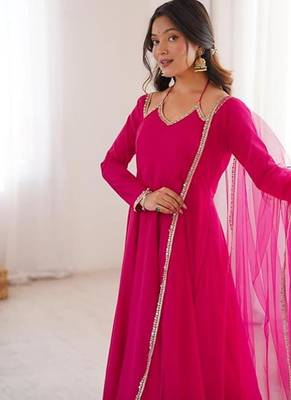 Pink color roman silk chanderi solid -mirror lace work anarkali set full stitched 4