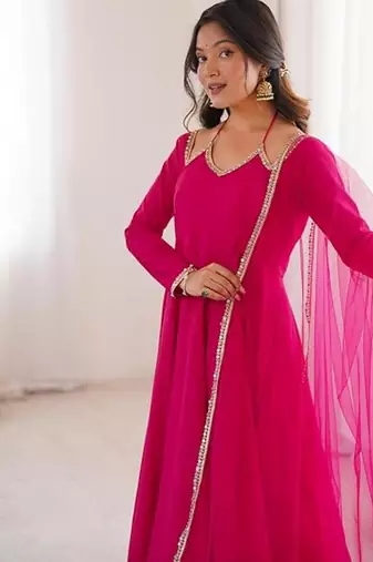 Pink color roman silk chanderi solid -mirror lace work anarkali set full stitched.