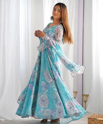 Sky blue faux georgette flower print gown dupatta full stitched 2