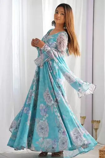 Sky blue color faux georgette flower print gown dupatta full stitched
