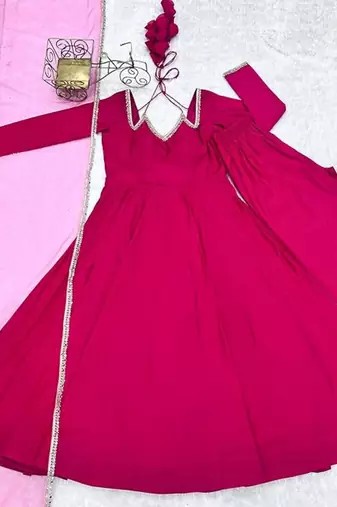 Pink color roman silk chanderi solid -mirror lace work anarkali set full stitched.