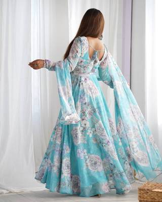 Sky blue faux georgette flower print gown dupatta full stitched 3