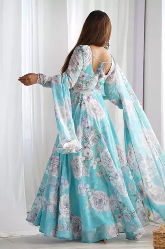 Sky blue color faux georgette flower print gown dupatta full stitched