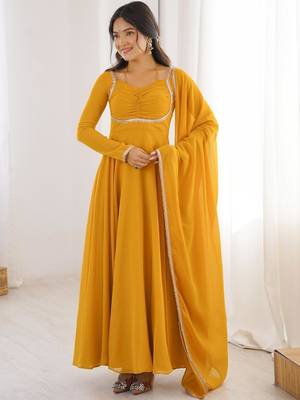 Yellow faux georgette flared gown dupatta full stitched 1