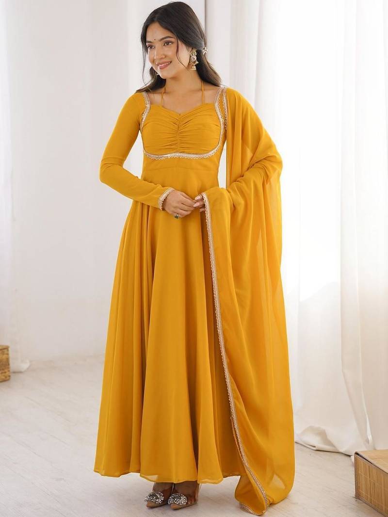 Yellow color faux georgette flared gown dupatta full stitched.