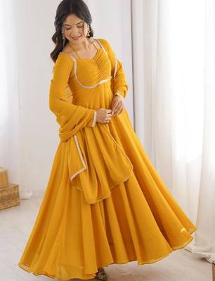 Yellow faux georgette flared gown dupatta full stitched 2