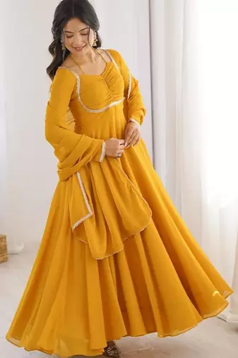 Yellow color faux georgette flared gown dupatta full stitched.