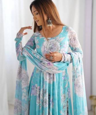 Sky blue faux georgette flower print gown dupatta full stitched 4