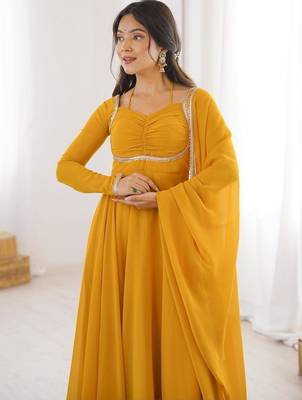 Yellow faux georgette flared gown dupatta full stitched 3