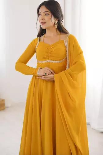 Yellow color faux georgette flared gown dupatta full stitched.