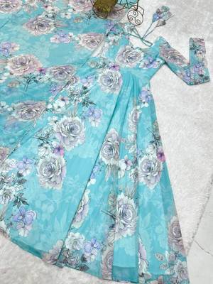 Sky blue faux georgette flower print gown dupatta full stitched 5