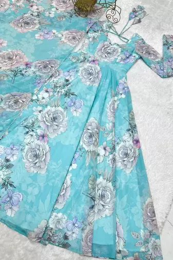Sky blue color faux georgette flower print gown dupatta full stitched