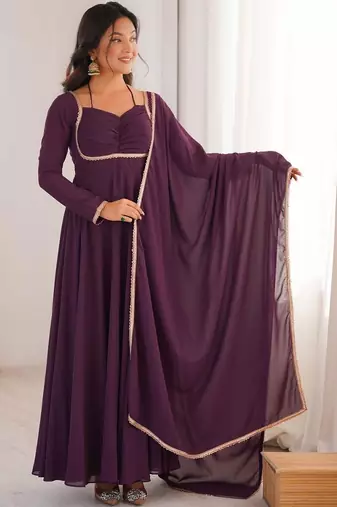 Wine color faux georgette flared gown dupatta full stitched.