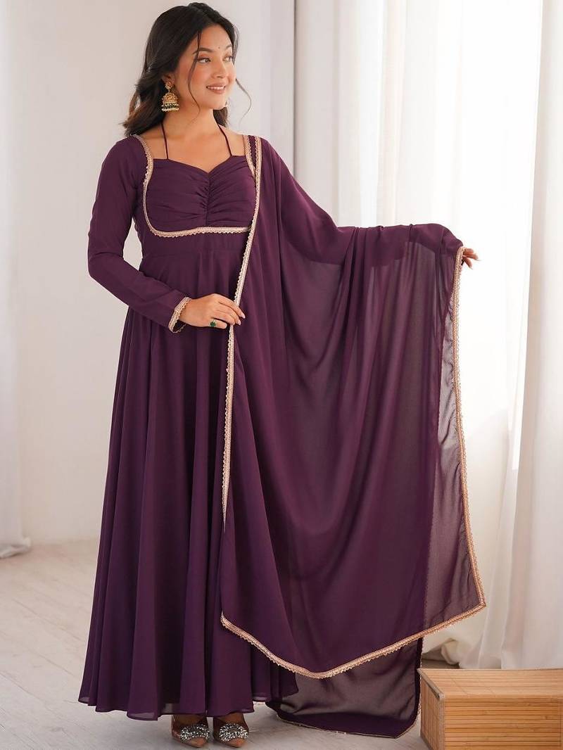 Wine color faux georgette flared gown dupatta full stitched.