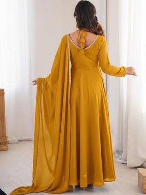 Yellow faux georgette flared gown dupatta full stitched 4