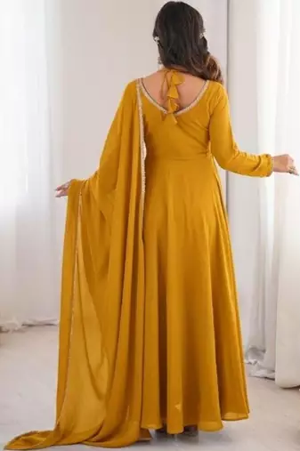 Yellow color faux georgette flared gown dupatta full stitched.