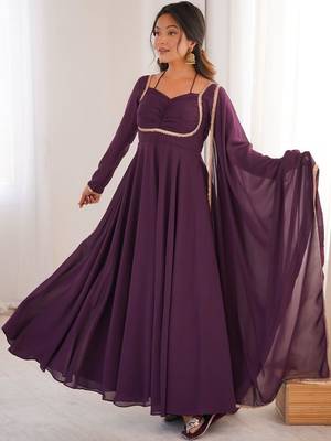 Wine color faux georgette flared gown dupatta full stitched 2