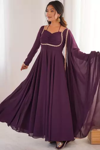 Wine color faux georgette flared gown dupatta full stitched.