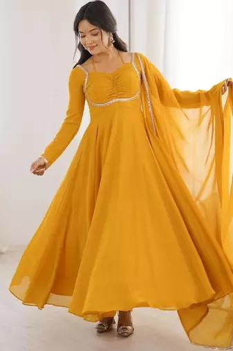 Yellow color faux georgette flared gown dupatta full stitched.