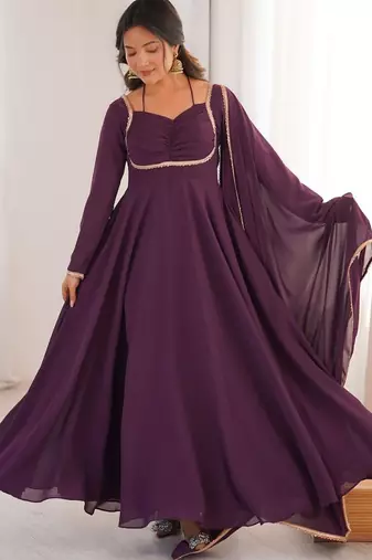 Wine color faux georgette flared gown dupatta full stitched.