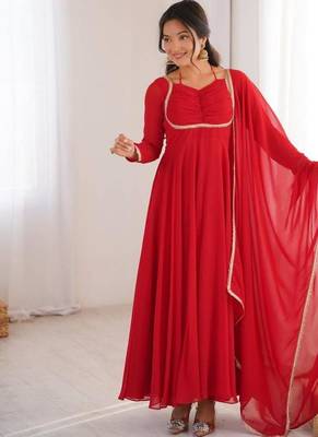 Red color faux georgette flared gown dupatta full stitched 1