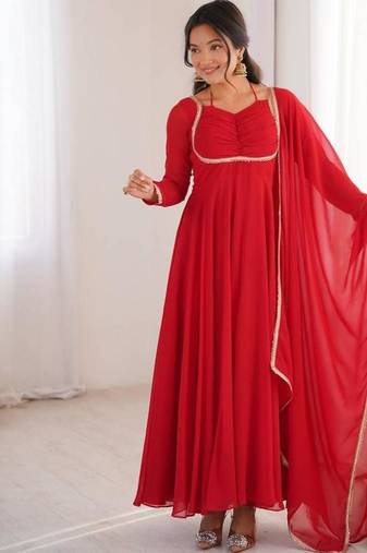 Red color faux georgette flared gown dupatta full stitched.