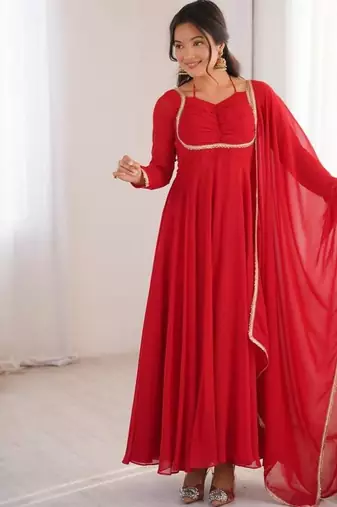 Red color faux georgette flared gown dupatta full stitched.