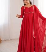 Red color faux georgette flared gown dupatta full stitched.