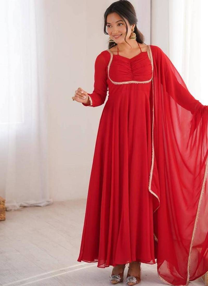 Red color faux georgette flared gown dupatta full stitched.
