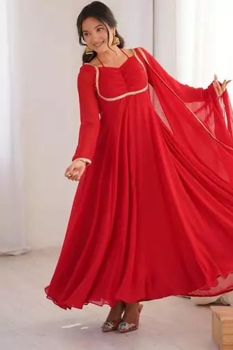 Red color faux georgette flared gown dupatta full stitched.