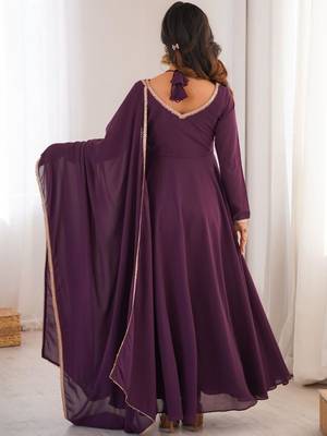 Wine color faux georgette flared gown dupatta full stitched 4