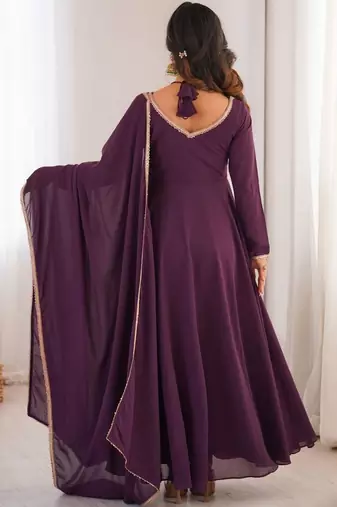 Wine color faux georgette flared gown dupatta full stitched.
