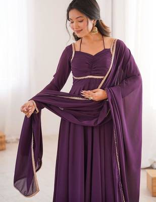 Wine color faux georgette flared gown dupatta full stitched 5