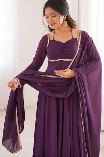 Wine color faux georgette flared gown dupatta full stitched.