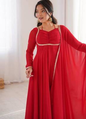 Red color faux georgette flared gown dupatta full stitched 4
