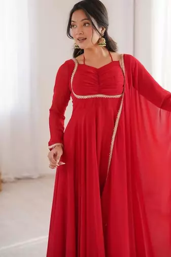 Red color faux georgette flared gown dupatta full stitched.