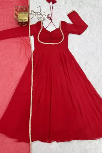 Red color faux georgette flared gown dupatta full stitched.