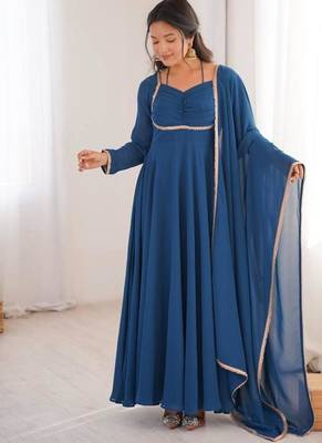 Blue color faux georgette flared gown dupatta full stitched 1
