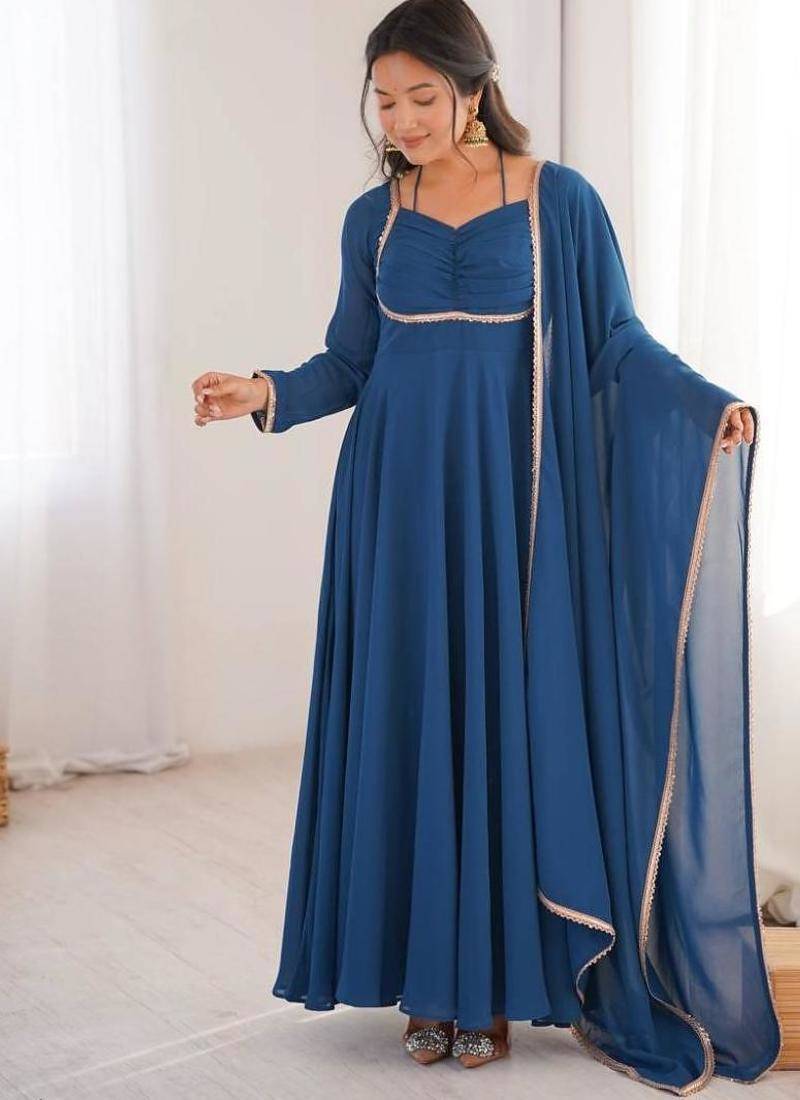 Blue color faux georgette flared gown dupatta full stitched.