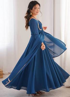 Blue color faux georgette flared gown dupatta full stitched 2
