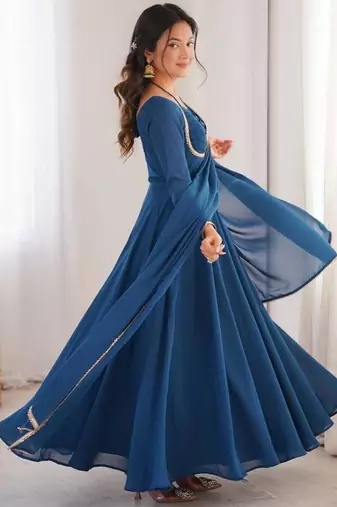 Blue color faux georgette flared gown dupatta full stitched.