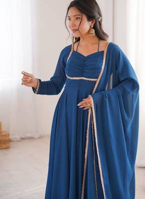 Blue color faux georgette flared gown dupatta full stitched 3