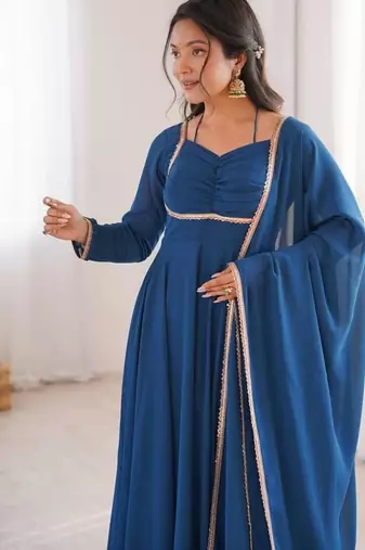 Blue color faux georgette flared gown dupatta full stitched.