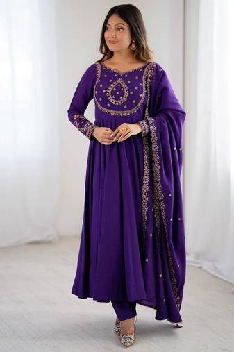 Purple color roman chanderi silk beads work anarkali set full stitched