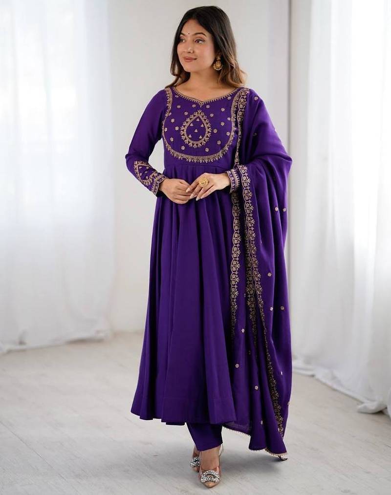 Purple color roman chanderi silk beads work anarkali set full stitched