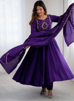 Purple roman chanderi silk beads work anarkali set full stitched 2