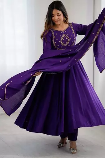 Purple color roman chanderi silk beads work anarkali set full stitched