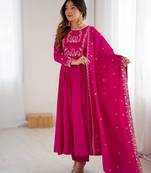 Dark pink color roman chanderi silk beads work anarkali set full stitched