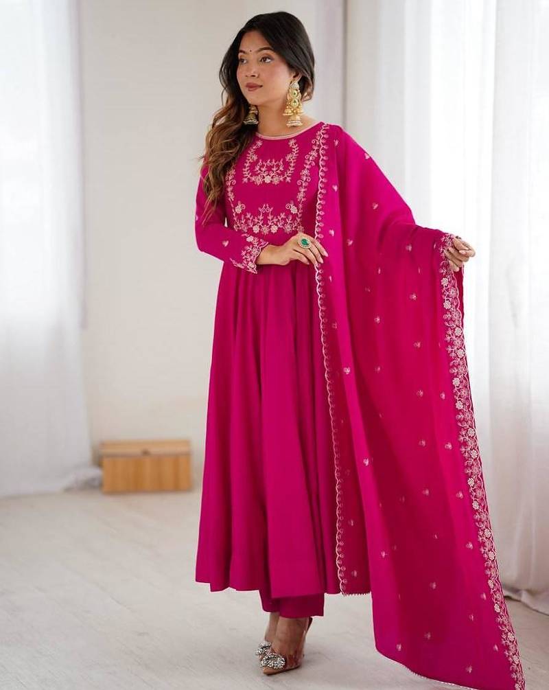 Dark pink color roman chanderi silk beads work anarkali set full stitched