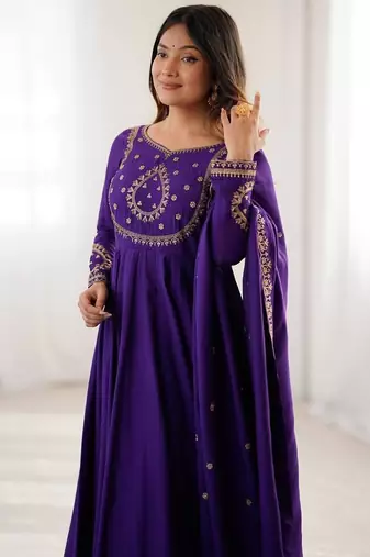 Purple color roman chanderi silk beads work anarkali set full stitched
